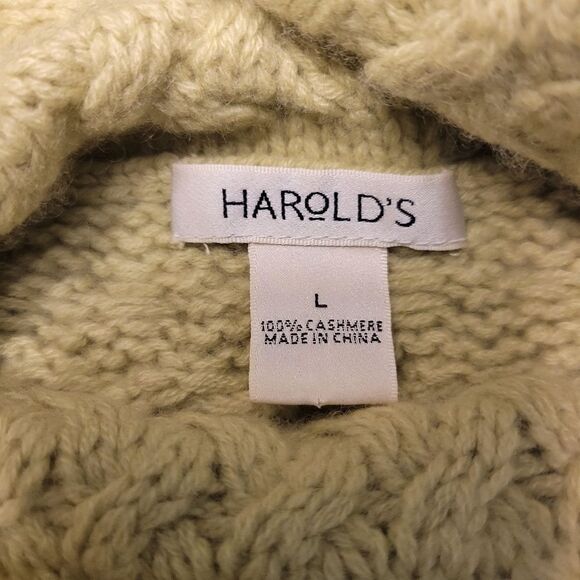 Harold's Cashmere Wasabi Spring Green Cable Knit Pointelle Cowl Neck Sweater - Picture 10 of 11